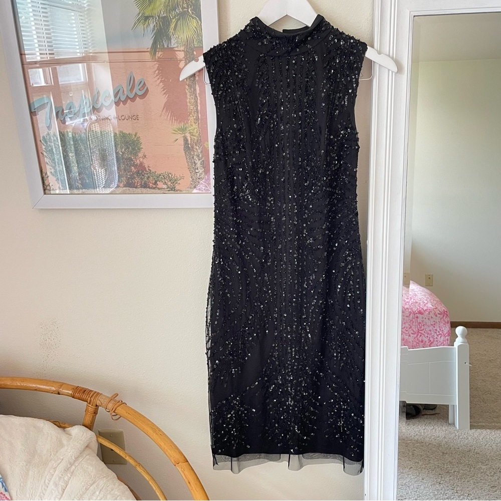 Adrianna Papell Sequin Embellished Mesh Sleeveless Knee Length Dress US 8